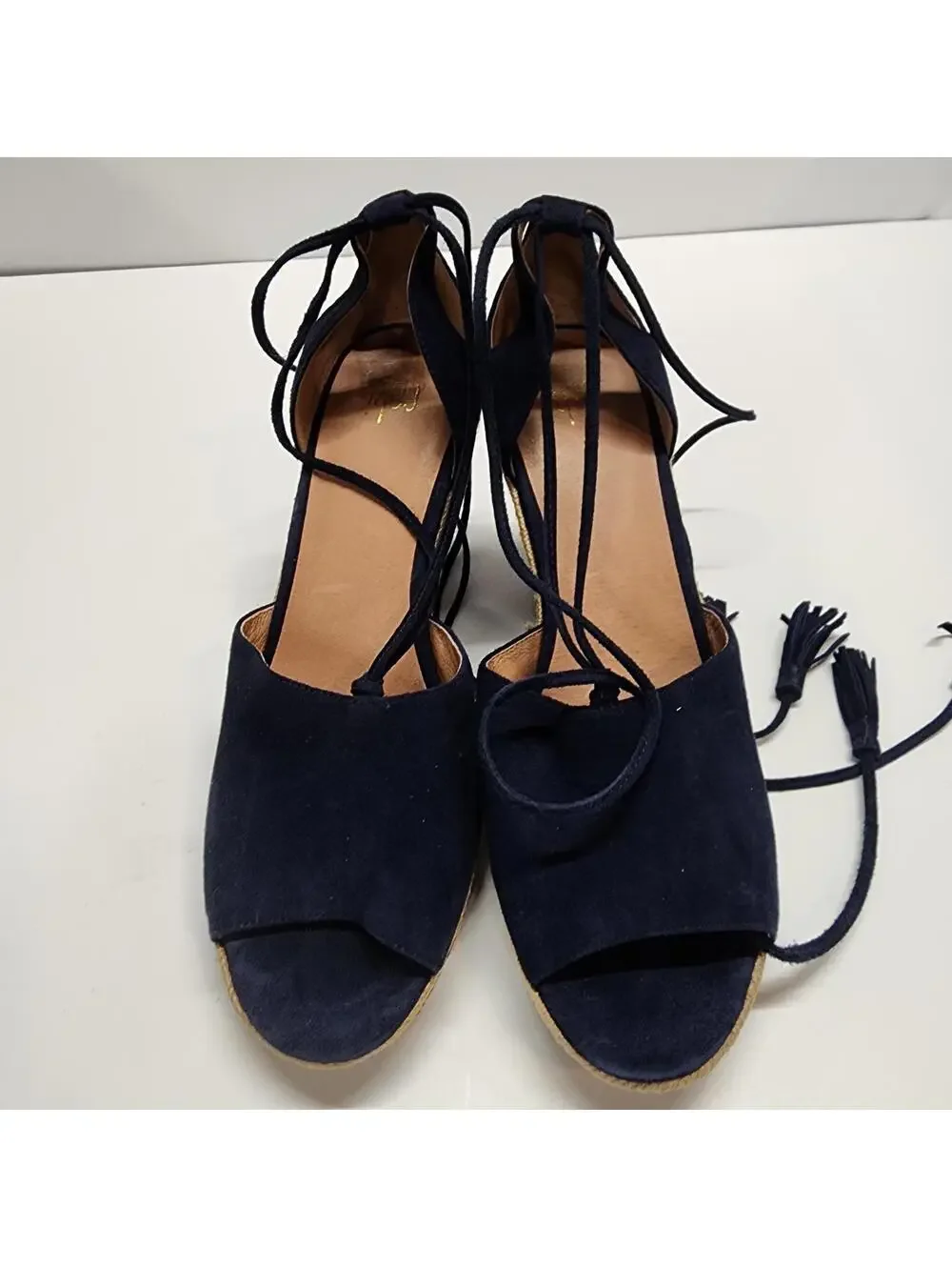 CAbi Isla Navy Suede Leather Wedge Espadrille Sandals Tassels Size 8 EUC
